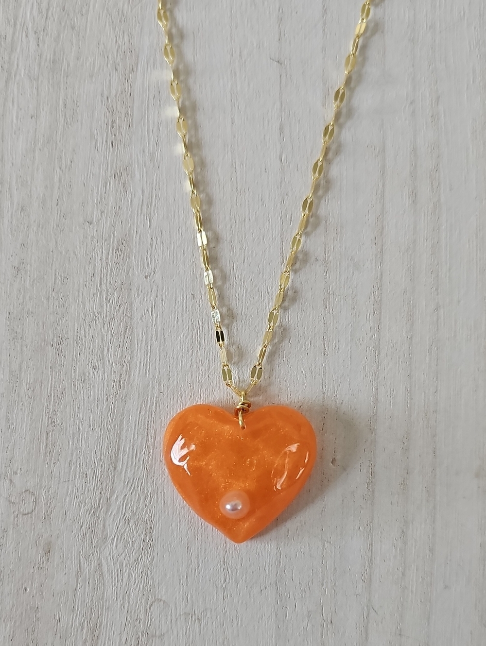 Gold Chain Necklace with Orange Ocean Heart Pendant and Pearl Accent
